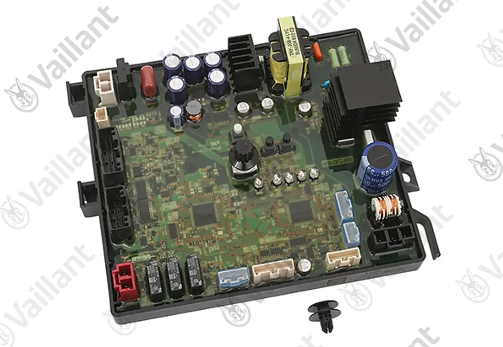 Leiterplatte von Vaillant mit verschiedenen elektrischen Komponenten, darunter Kondensatoren, Widerstände und Steckverbinder, in einem kompakten Schwarz-Gehäuse.